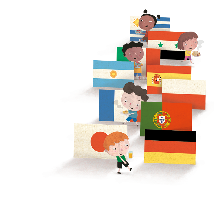Imagem: Ilustração. Cinco crianças estão paradas ao lado de bandeiras de diferentes países. Na primeira fileira, um menino que segura um copo  está ao lado de uma bandeira com três listras horizontais na seguinte sequência: preta, vermelha e amarela. Atrás dele está uma bandeira branca com círculo vermelho ao centro. Na sequência, está uma bandeira com duas faixas grossas verticais, uma verde e outras vermelha e um brasão amarelo ao centro. Depois, um menino que segura um prato de comida quente está à frente de uma bandeira com três faixas verticais na seguinte sequência: azul, branca e vermelha. Logo atrás, uma bandeira com duas faixas horizontais, uma branca e uma vermelha. Depois Uma bandeira com três listras horizontais, duas azuis e uma branca ao centro sobre a qual está o sol. Ao lado, uma bandeira com três listras horizontais, duas vermelhas e uma amarela ao centro sobre a qual está um brasão também vermelho.  Atrás, um menino segura uma taça de sorvete à frente de uma bandeira com três listras verticais na seguinte sequência: verde, branca e vermelha. Depois, uma menina segura um prato de comida quente próximo a uma bandeira com três listras horizontais, uma vermelha, uma preta e uma branca ao centro sobre a qual há duas estrelas verdes. Por fim, uma menina que segura um prato de comida está à frente de uma bandeira branca com quatro listras azuis na horizontal e um sol no canto superior esquerdo.  Fim da imagem.