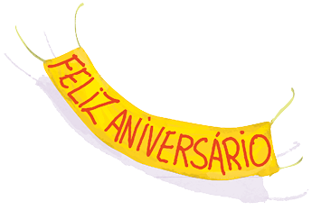 Imagem: Ilustração. Uma faixa amarela na qual está escrito: “Feliz aniversário”. Fim da imagem.