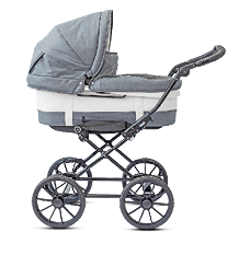 Imagem: Fotografia. Um carrinho de bebê.  Fim da imagem.