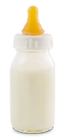 Imagem: Fotografia. Uma mamadeira com leite. Fim da imagem.