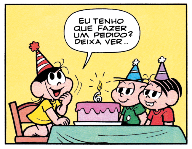 Imagem: Quadrinho único. Nele estão Magali, personagem de camiseta amarela sentada em uma cadeira à frente de um bolo de aniversário com uma vela de seis anos. Ela usa um chapéu, olha para cima e diz: “EU TENHO QUE FAZER UM PEDIDO? DEIXA VER...”. À sua frente, também de chapéu, estão Cebolinha, personagem com camiseta verde; e Mônica, personagem com dentes avantajados e camiseta vermelha. Eles olham para Magali e sorriem.  Fim da imagem.