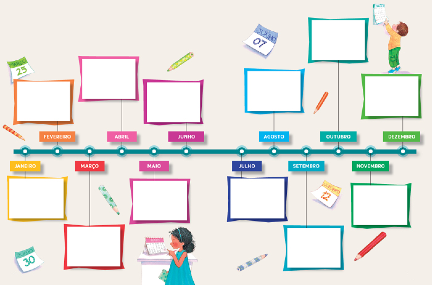 Imagem: Ilustração. Uma linha do tempo ao longo de um ano que apresenta em cada mês, de janeiro a dezembro, um quadro em branco para preencher e com bordas coloridas. Ao redor da linha do tempo há figuras de lápis coloridos espalhados, folhas de calendário com dias diversos, como 25 de março, 30 de julho, 07 de junho e 12 de outubro. Também há uma menina de pé diante de uma carteira que faz um círculo vermelho em um dia ao fim do mês de maio na folhinha do calendário. E um menino de pé que alcança um calendário na parede para marcar um dia ao fim do mês de maio.  Fim da imagem.