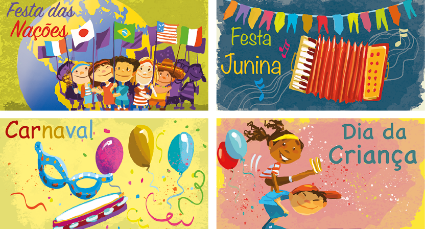 Imagem: Ilustração. Um grupo de crianças com características diversas estão lado a lado, sorriem e seguram bandeiras de diversos países hasteadas. Ao fundo, o globo terrestre. Há a indicação “Festa das Nações”.   Ilustração. Destaque de uma sanfona aberta da qual partem notas musicais. Há um barbante no qual estão muitas bandeirolas coloridas e a indicação “Festa Junina”.   Ilustração. Destaque de um pandeiro, uma máscara colorida para área dos olhos, balões e muitos confetes. Há a indicação “Carnaval”.   Ilustração. Uma menina pula sobre as costas de um menino que está curvado. Ambos sorriem e há balões ao redor com a indicação “Dia da Criança”.   Fim da imagem.