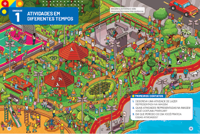 Imagem: Ilustração. Exemplifica como será a Abertura de unidade e o boxe Primeiros contatos. Página dupla composta por textos, boxe complementar e imagens. Fim da imagem.