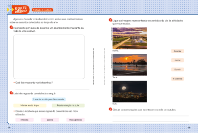 Imagem: Ilustração. Exemplifica como será a seção O que eu aprendi. Página dupla composta por textos e imagens. Fim da imagem.