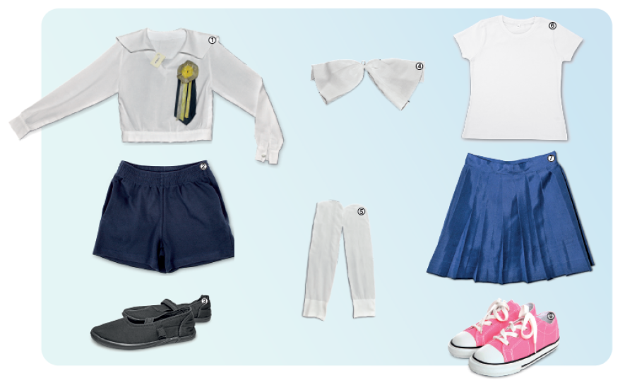 Imagem: Fotografia. Uma camisa branca de manga longa e um broche pendurado na região do peito. Short azul. Sapato preto. Laço branco. Meia três-quartos branca. Camiseta de manga curta branca. Saia de pregas azul. Tênis rosa.  Fim da imagem.