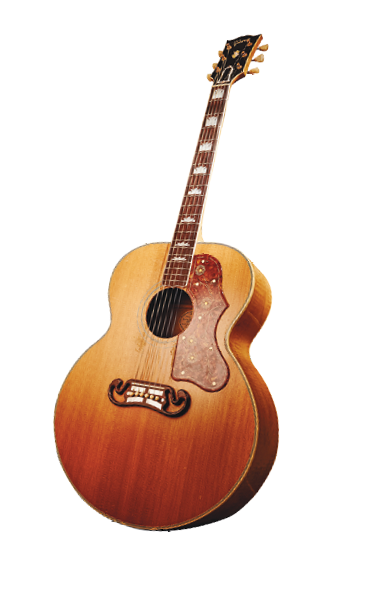 Imagem: Fotografia. Um violão. Instrumento feito de madeira com corpo fino, comprimento largo com contorno ondulado nas laterais. Ao centro apresenta um círculo que leva à ao interior oco do instrumento e à frente do qual passam um conjunto de cordas em sentido verticalizado que acompanham o braço do instrumento e são presas nas afinações em sua extremidade.   Fim da imagem.