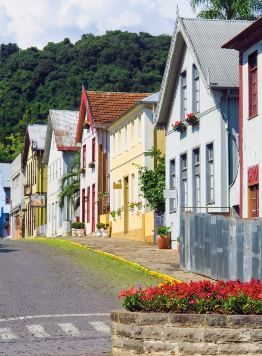 Imagem: Fotografia. Destaque de uma via asfaltada que apresenta área gramada próximo à calçada e um conjunto de pequenas casas assobradas com telhado triangulado e janelas de vidro verticalizadas.  Próximo à faixa de pedestres há um canteiro de flores. Ao fundo, serra com árvores. Fim da imagem.