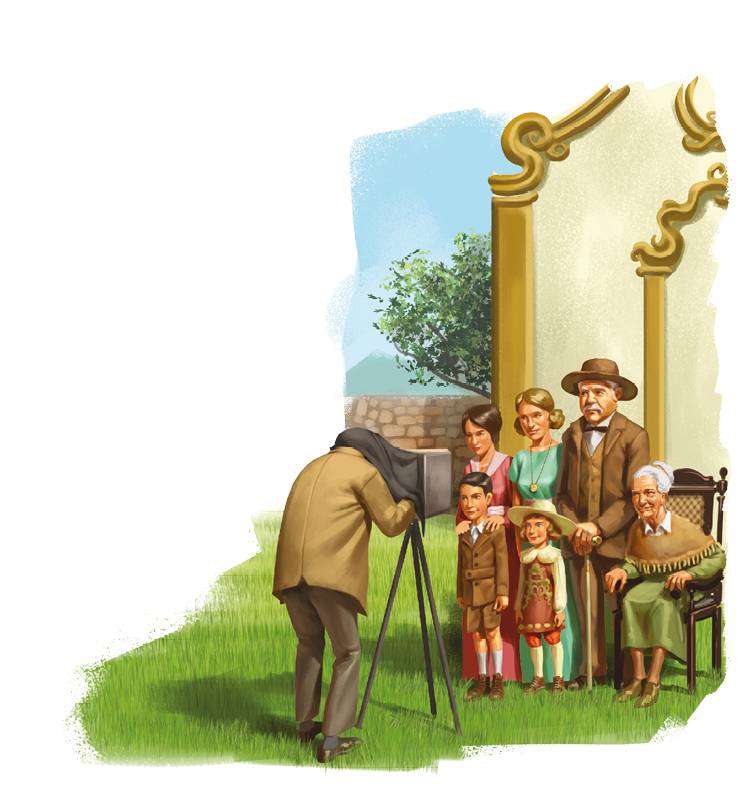 Imagem: Ilustração. Em uma área aberta, uma família composta por cinco pessoas posa para um fotógrafo. Ele está de paletó e com a cabeça coberta por um tecido preso à máquina fotográfica que está sobre um tripé diante dos retratados. A família apresenta uma senhora de chale sentada e de pé estão duas crianças, um menino e uma menina, duas senhoras de vestido, uma loira e outra de cabelo preto, e um senhor de bigode e chapéu.  Fim da imagem.