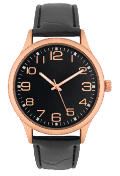 Imagem: Fotografia. Um relógio analógico de pulso que marca 10h10. Fim da imagem.