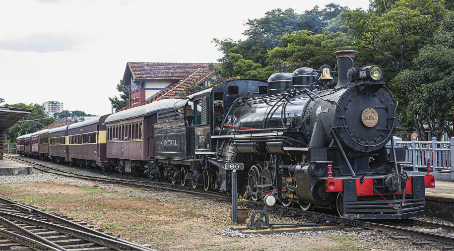 Imagem: Fotografia. Destaque de um longo trem com muitos vagões e que apresenta a caldeira na parte frontal, onde há um sino e uma pequena chaminé. São muitos pares de rodas pequenos ligados aos trilhos e que se estendem durante o comprimento dos vagões. Ao fundo, árvores.  Fim da imagem.