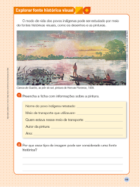 Imagem: Ilustração. Exemplifica como será a seção Explorar fonte histórica. Página dupla composta por textos e imagens. Fim da imagem.