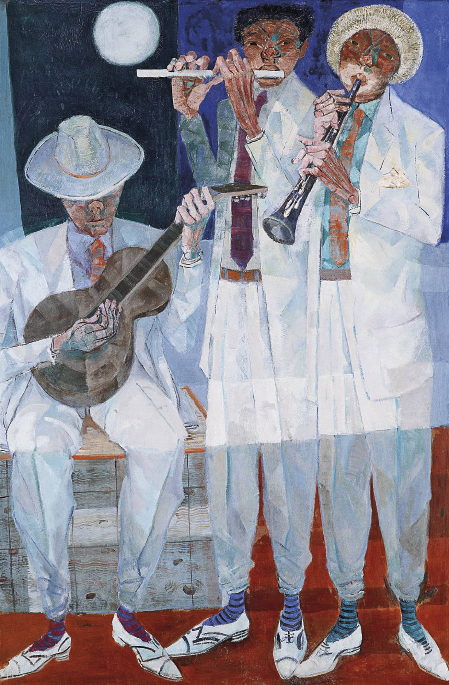 Imagem: Pintura. Durante a noite, três homens de terno claro, camisa com gravata colorida e sapato com meias longas coloridas tocam instrumentos. Um deles, de chapéu, está sentado e toca violão. Os outros dois estão de pé, o primeiro, toca flauta; e o segundo, também de chapéu, toca trompete.  Fim da imagem.