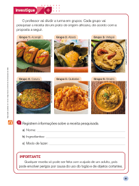 Imagem: Ilustração. Exemplifica como será o boxe Investigue. Página composta por textos, boxe complementar e imagens. Fim da imagem.