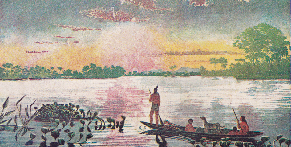 Imagem: Pintura. Paisagem que apresenta um grupo composto por quatro pessoas seminuas e um cachorro em uma estreita e longa embarcação em um rio. Uma delas está de pé segura uma haste próximo à extremidade do barco. Na região, há vegetação aquática. No horizonte, mata e o céu.   Fim da imagem.