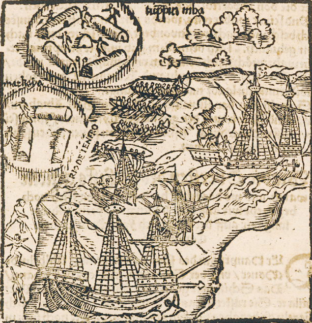 Imagem: Gravura em sépia. Grandes embarcações estão próximas de uma encosta e há quatro botes com muitos navegantes, alguns seguram arco e flecha. Na faixa de terra, estão duas áreas cercadas com cabanas entre as quais circulam algumas pessoas e há a inscrição “Rio de Inero”. Do lado de fora, nativos seguram lanças.  Fim da imagem.