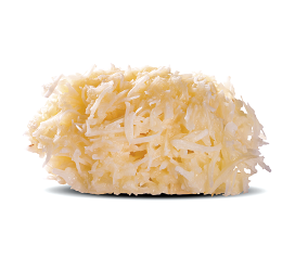 Imagem: Fotografia. Um doce com aspecto áspero e cor amarelo-claro.  Fim da imagem.