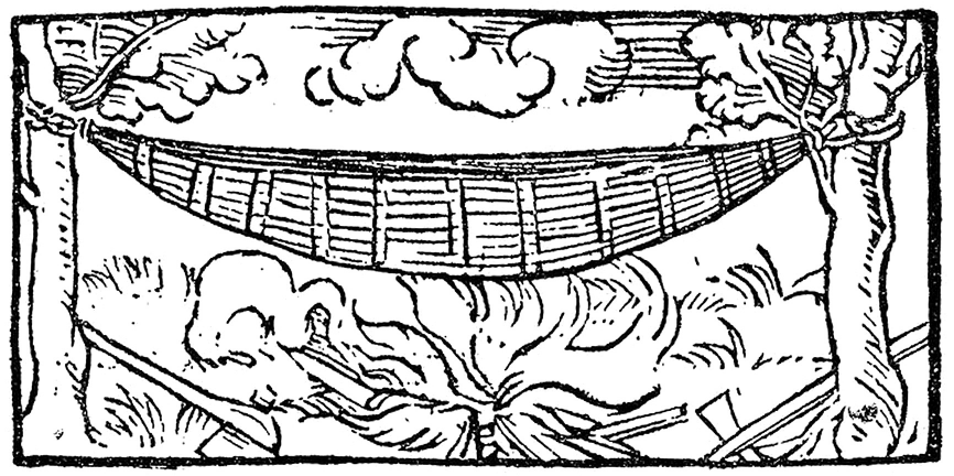 Imagem: Gravura em preto e branco. Entre duas árvores está presa uma rede de descanso que está próxima de uma fogueira.  Fim da imagem.