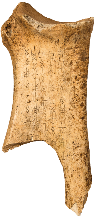 Imagem: Fotografia. Um pedaço de osso quebrado com inscrições simbólicas.  Fim da imagem.