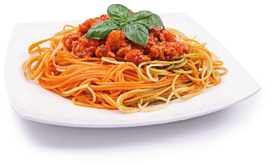 Imagem: Fotografia. Um prato de macarronada ao molho vermelho. Fim da imagem.
