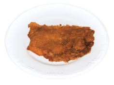 Imagem: Fotografia. Um prato com bife à milanesa. Fim da imagem.