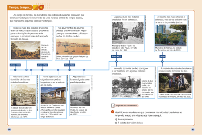 Imagem: Ilustração. Exemplifica como será a seção Tempo, tempo. Página dupla composta por textos e imagens. Fim da imagem.