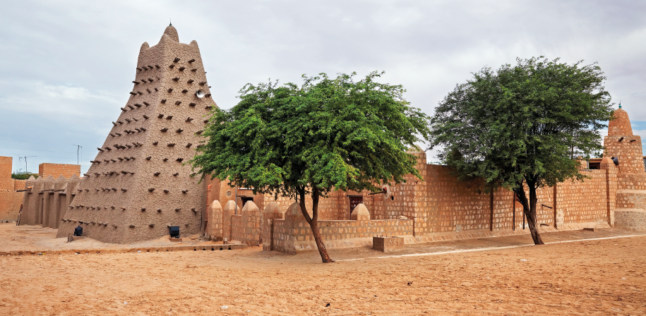 Imagem: Fotografia. Plano aberto de uma área de chão de terra, duas árvores com copa cheia diante de uma construção térrea com tijolos aparentes e ligados uma estrutura alta em formato piramidal que apresenta pinos salientes na superfície.  Fim da imagem.