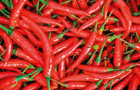 Imagem: Fotografia. Um punhado de um alimento vermelho com superfície lisa e formato longo e afilado com uma pequena haste verde na extremidade. Fim da imagem.