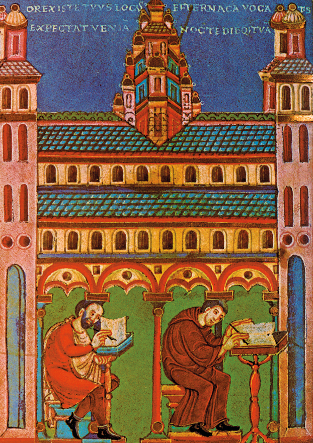 Imagem: Gravura. Na parte superior, há uma pequena inscrição. Abaixo, uma construção com muitas janelas e grandes colunas nas laterais com porta e janelas. Entre as colunas, dois homens que usam batas largas compridas e sapatos estão sentados e escrevem em folhas sobre pequenos suportes à frente deles.  Fim da imagem.