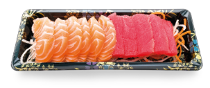 Imagem: Fotografia. Uma bandeja com sashimis. Fim da imagem.