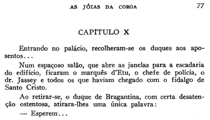 Imagem: Fotografia. Destaque de uma página de livro que apresenta na parte superior a inscrição “AS JOIAS DA COROA, CAPÍTULO X”. Fim da imagem.