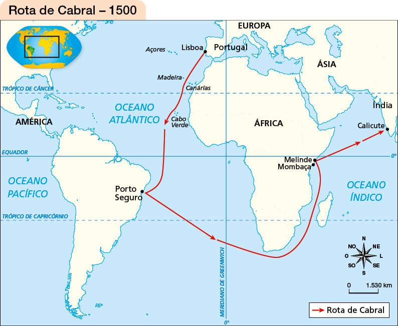 Imagem: Mapa. Rota de Cabral – 1500. No canto superior esquerdo, o planisfério terrestre com destaque para América do Sul e África. O mapa apresenta as linhas imaginárias, o oceano Pacífico, Atlântico e Índico e a rota de Cabral, que parte de Lisboa, em Portugal. A rota segue passando por Cabo Verde, na costa oeste africana, seguindo até Porto Seguro, na costa leste da América do Sul. Então, segue para o leste contornando o sul da África pelo mar até a costa leste africana, chegando em Melinde e Mombaça. Depois, continua até Calicute, na Índia, no continente africano. Na parte inferior, está a rosa dos ventos e a escala: 1530 km. Fim da imagem.