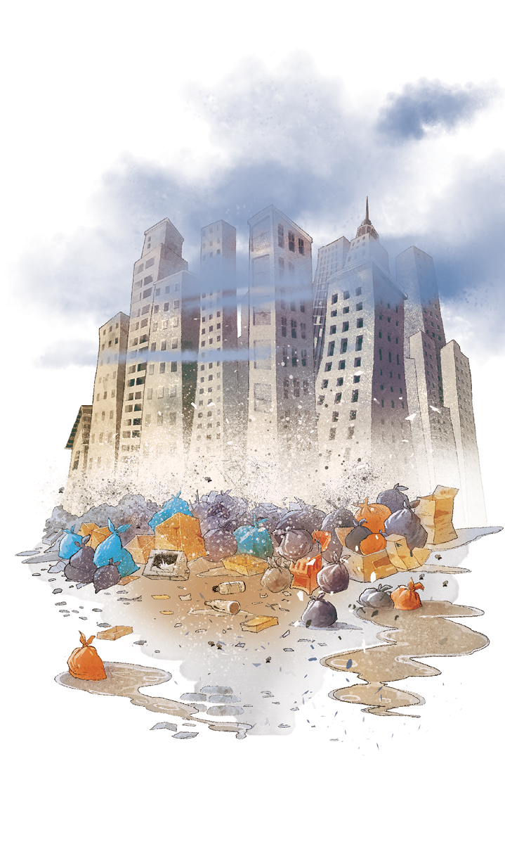 Imagem: Ilustração. Muitos sucos de lixo amontoados entre dejetos. Ao fundo, altos edifícios e fumaça. Fim da imagem.