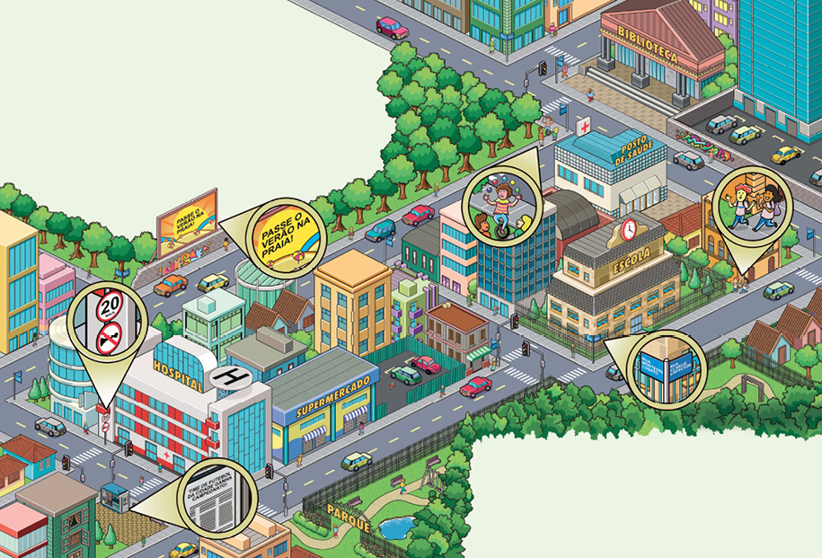 Imagem: Ilustração. Destaque de cruzamentos de uma cidade que apresenta vias asfaltadas com carros, fachadas de estabelecimentos com grandes letreiros, como “HOSPITAL”, “SUPERMECADO”, “PARQUE”, “BIBLIOTECA”, “POSTO DE SAÚDE” e “ESCOLA”. Em uma das ruas, atrás de uma calçada, há um grande outdoor no qual está escrito “PASSE O VERÃO NA PRAIA”, com imagem da faixa de areia e guarda-sóis. Nas vias também têm placas de trânsito, uma delas está em frete ao hospital e mostra a indicação “20 km/h” e um sinal de proibitivo sobre a silhueta de uma buzina. Do outro lado da rua está uma banca, onde há jornais impressos dispostos na vitrine. A manchete diz “TIME DE FUTEBOL DA CIDADE GANHA CAMPEONATO”. Na esquina do parque, próximo ao posto, há três crianças fazendo malabares. Na calçada da escola, caminham duas crianças uniformizadas com mochilas e, na esquina, há duas placas que sinalizam os nomes das ruas.  Fim da imagem.