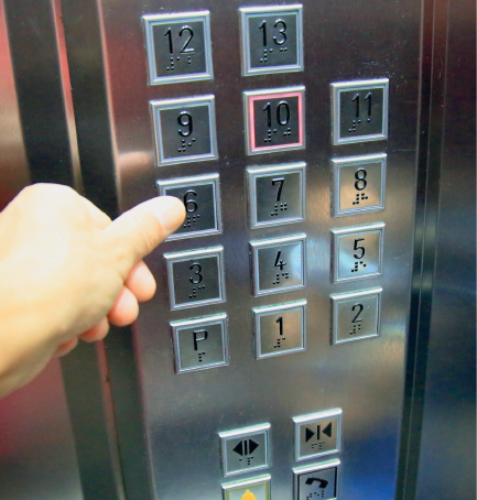 Imagem: Fotografia. Destaque da mão de uma pessoa que manipula botões de um elevador. Fim da imagem.
