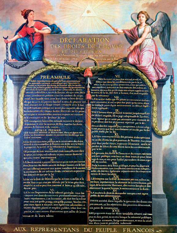 Imagem: Pintura. Uma estrutura representada por uma coluna de pedra na qual há um extenso texto inscrito. No topo está escrito: “DÉCLARATION DES DROITS”. Na parte inferior “AUX REPRESENTANS DU PEUPLE FRANÇOIS”.  Ao centro, há uma flecha. Nas laterais, duas mulheres de roupas largas estão sentadas na estrutura de pedra. Uma delas tem asas e aponta uma haste dourada para o céu, em direção a um triângulo brilhante. Fim da imagem.