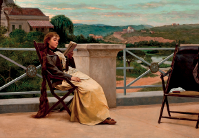 Imagem: Pintura. Em uma área aberta, uma mulher de pele clara, cabelo longo castanho-escuro e que usa comprido vestido, sapatos e jaqueta está sentada em uma cadeira de madeira e lê um livro que segura à frente do rosto. Ao seu lado, há uma cadeira vazia. Em segundo plano, uma paisagem bucólica com pouquíssimas construções.  Fim da imagem.
