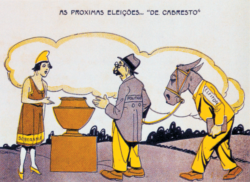 Imagem: Charge. Na parte superior está escrito “AS PRÓXIMAS ELEIOÇÕES... ‘DE CABRESTO’”. Abaixo, uma mulher de chapéu e vestido e sapato de salto está diante de uma urna. Na barra de sua roupa está escrito “SOBERANIA”. Ela aponta para o objeto indicando para um senhor que está à sua frente. Ele usa chapéu, casaco, calça e sapato, tem bigode e usa óculos. Na parte de trás de seu paletó está escrito “POLÍTICO”. Ele segura uma corda que está presa à cabeça de um burro personificado, que está de pé e usa terno amarelo e sapato. Na manga de sua roupa está escrito “ELEITOR”.  Fim da imagem.